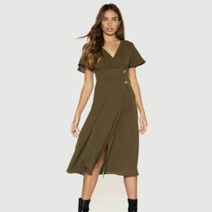 NEW Nasty Gal olive green wrap midi dress, Size 6